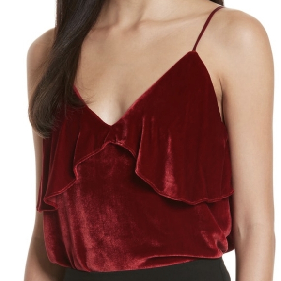 Alice + Olivia Vanessa Sultry Red Velvet Ruffle Sleeveless Camisole Tank Top. - Picture 2 of 15
